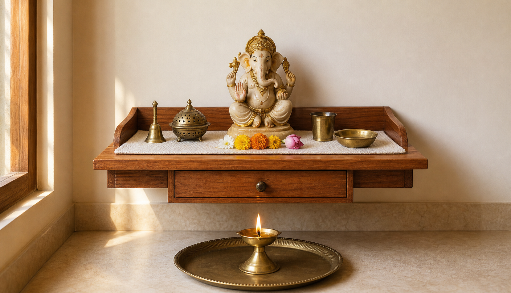A compact home shrine holds a centered Ganesha murti, flowers, bell, water cup, offering bowl, and a lamp on a separate metal tray.
