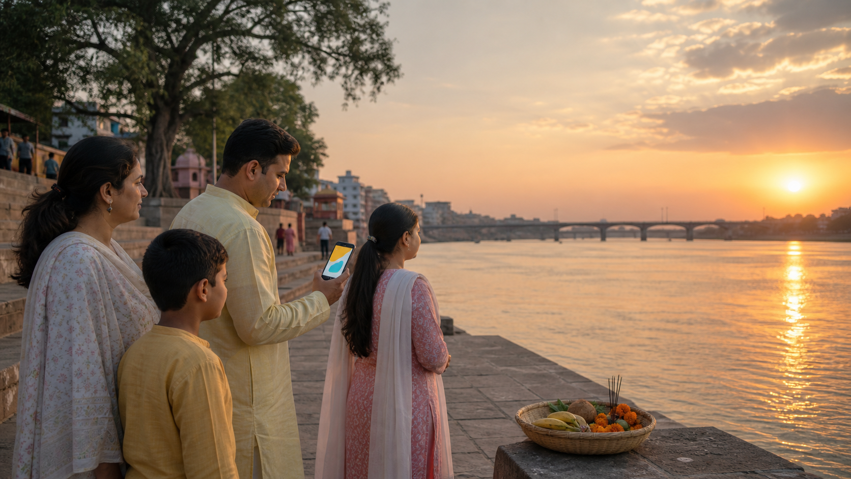 A family checks an unlabeled phone near a river ghat while observing the local sunset horizon before an arghya ritual.