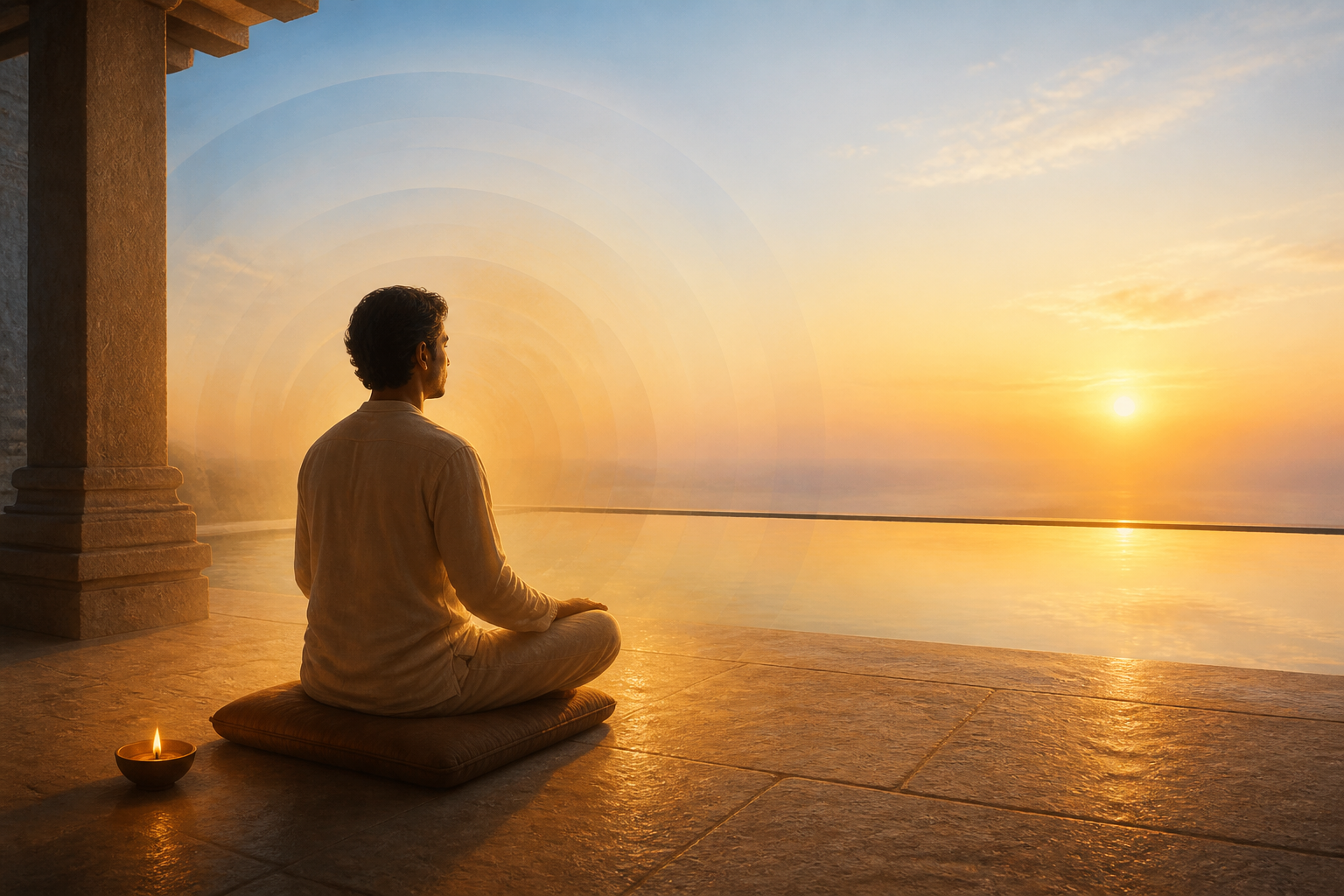 A meditator sits in a dawn pavilion surrounded by subtle concentric fields of light, with a lamp and still pool nearby.