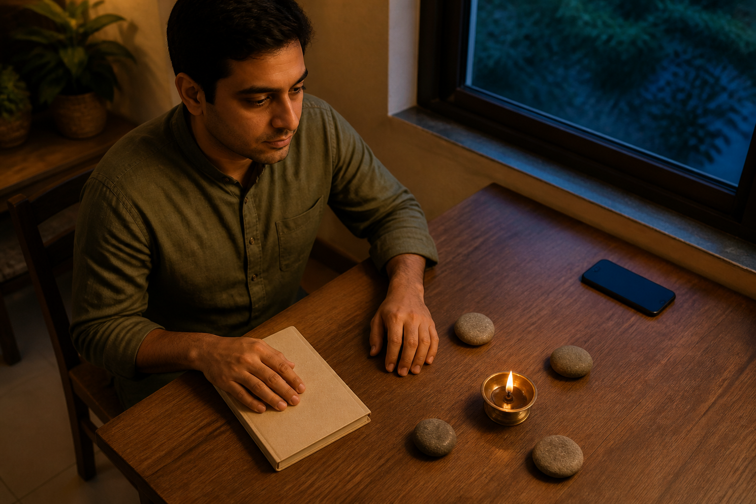 A person pauses at a wooden table with a closed journal, four river stones, a small lamp, and a phone placed face down.