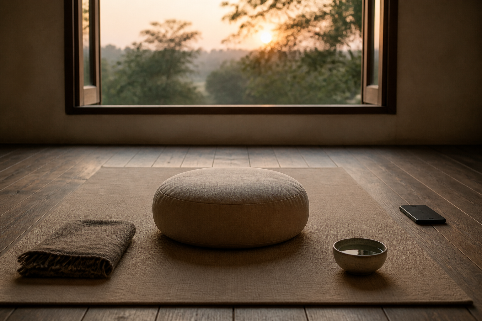A meditation cushion, folded shawl, bowl of water, and face-down phone are arranged in a quiet room at dawn.