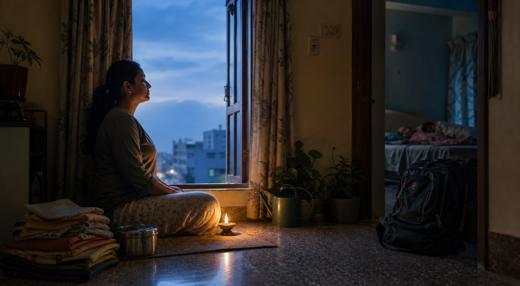 A householder meditates before sunrise in a home containing a work bag, folded laundry, lunch container, plants, and sleeping family members in the background.