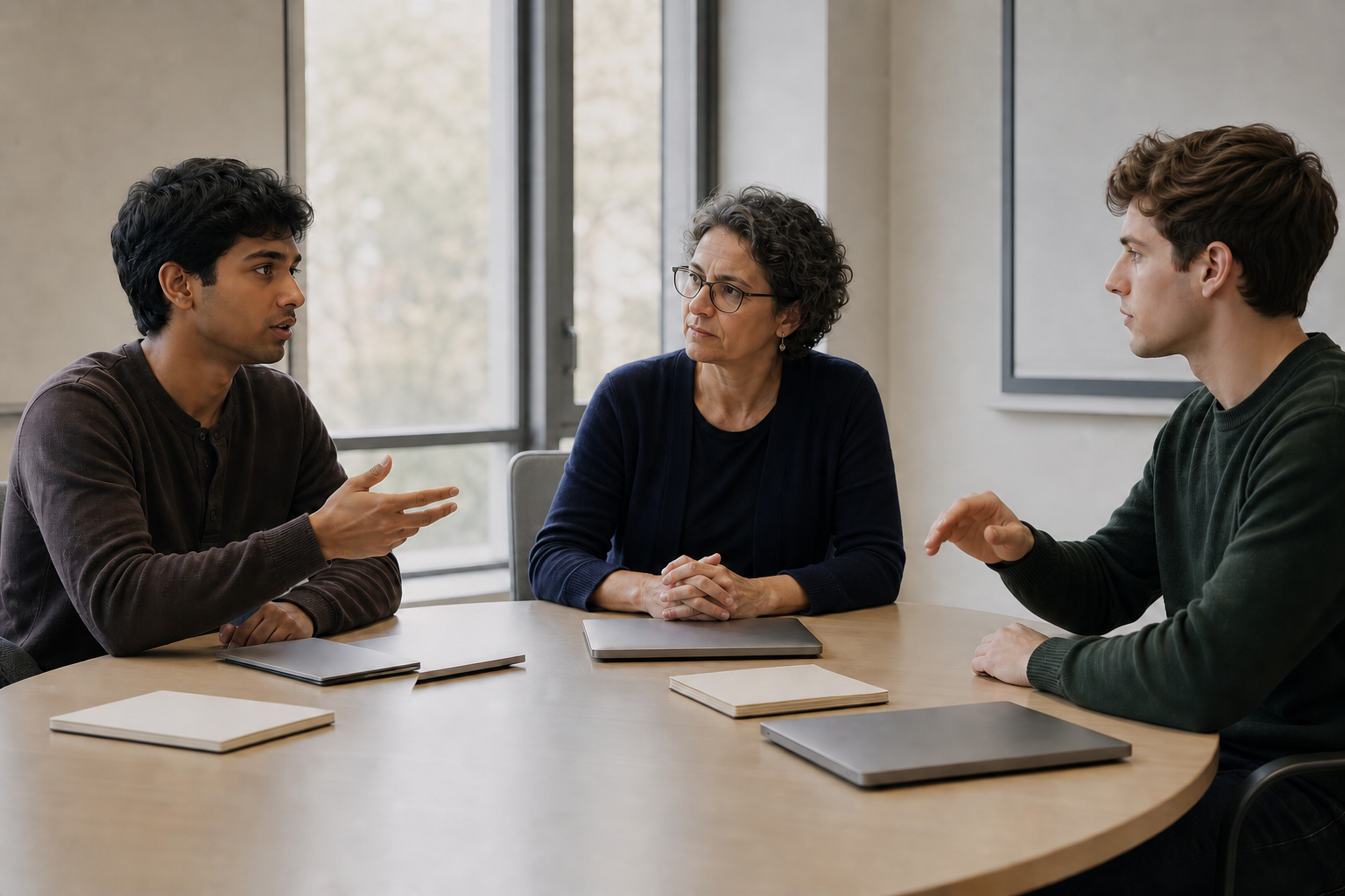 Students and a faculty moderator engage in a serious seminar discussion while a Hindu student responds calmly across the table.