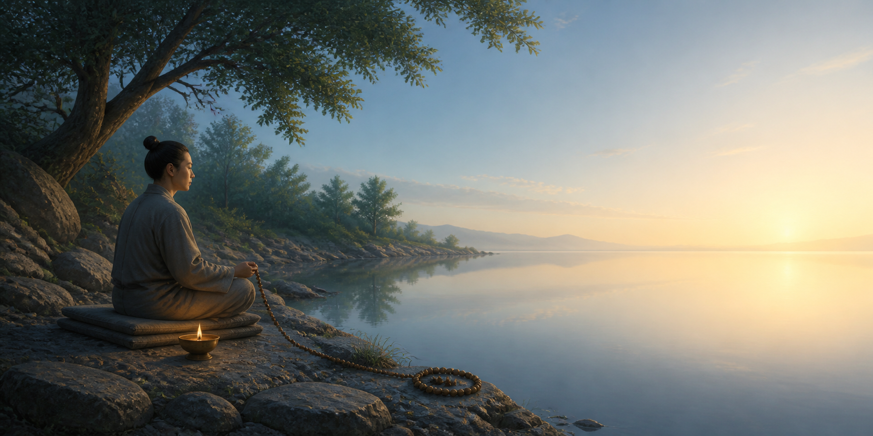 A meditator sits beside still water as meditation beads and a lamp give way to an open, luminous horizon.