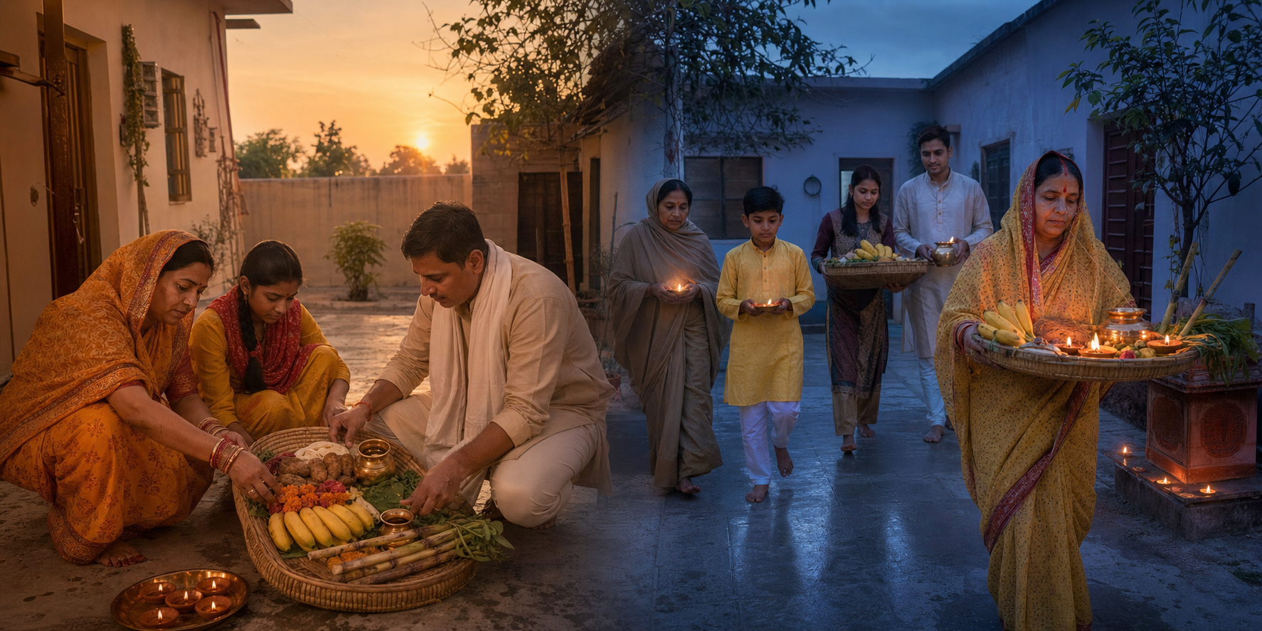 A family prepares Chhath offerings in a courtyard at sunset and carries the same baskets again before dawn.