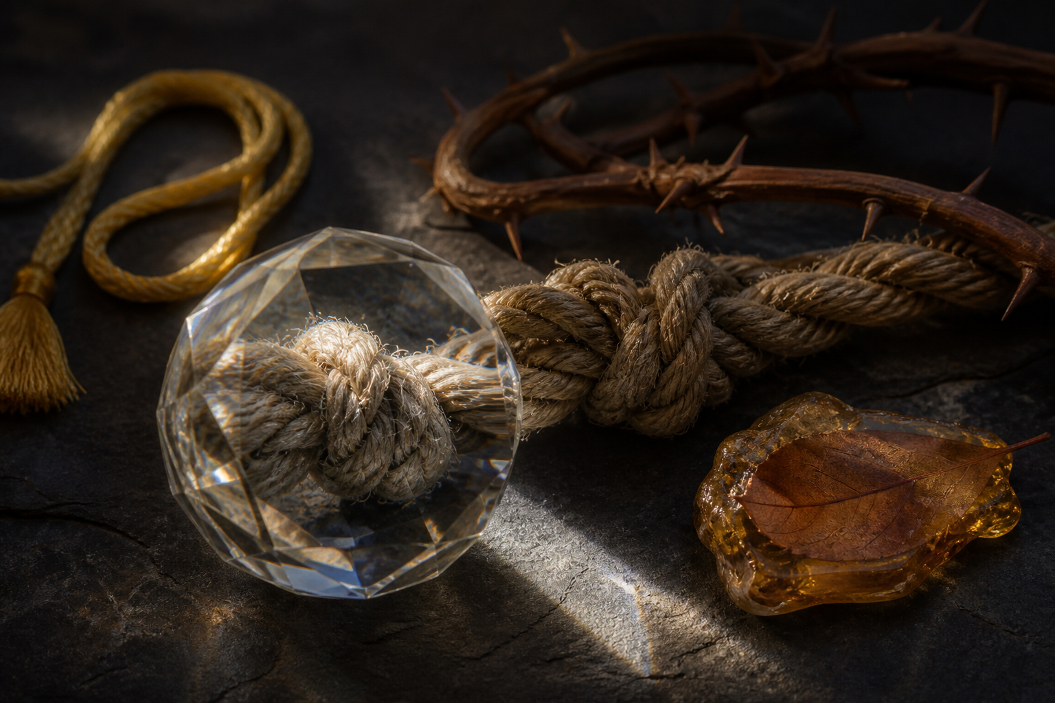 A crystal lens illuminates the fibers of a rope knot among a silk cord, thorny vine, resin-covered leaf, and other natural materials on stone.