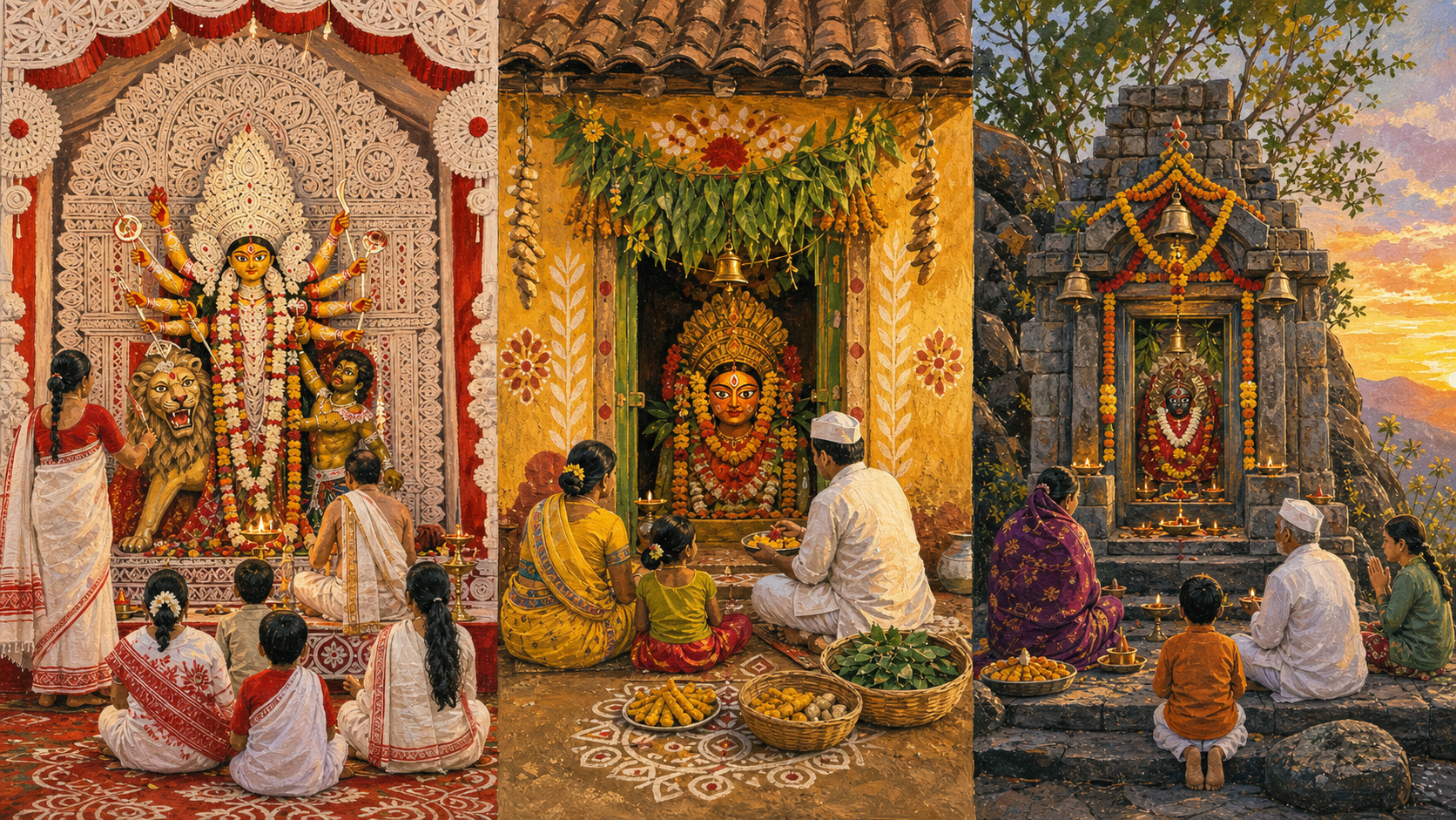 Three distinct regional goddess shrines and their devotees are shown side by side, connected by a continuous band of dawn light.