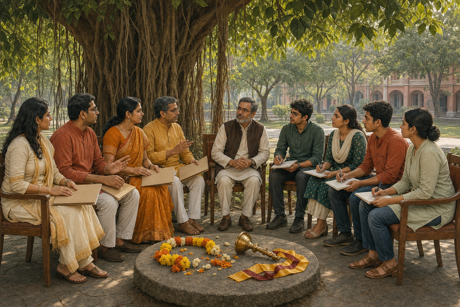 Hindu cultural advocates describe specific concerns to student organisers and a faculty mediator in a peaceful campus garden discussion.