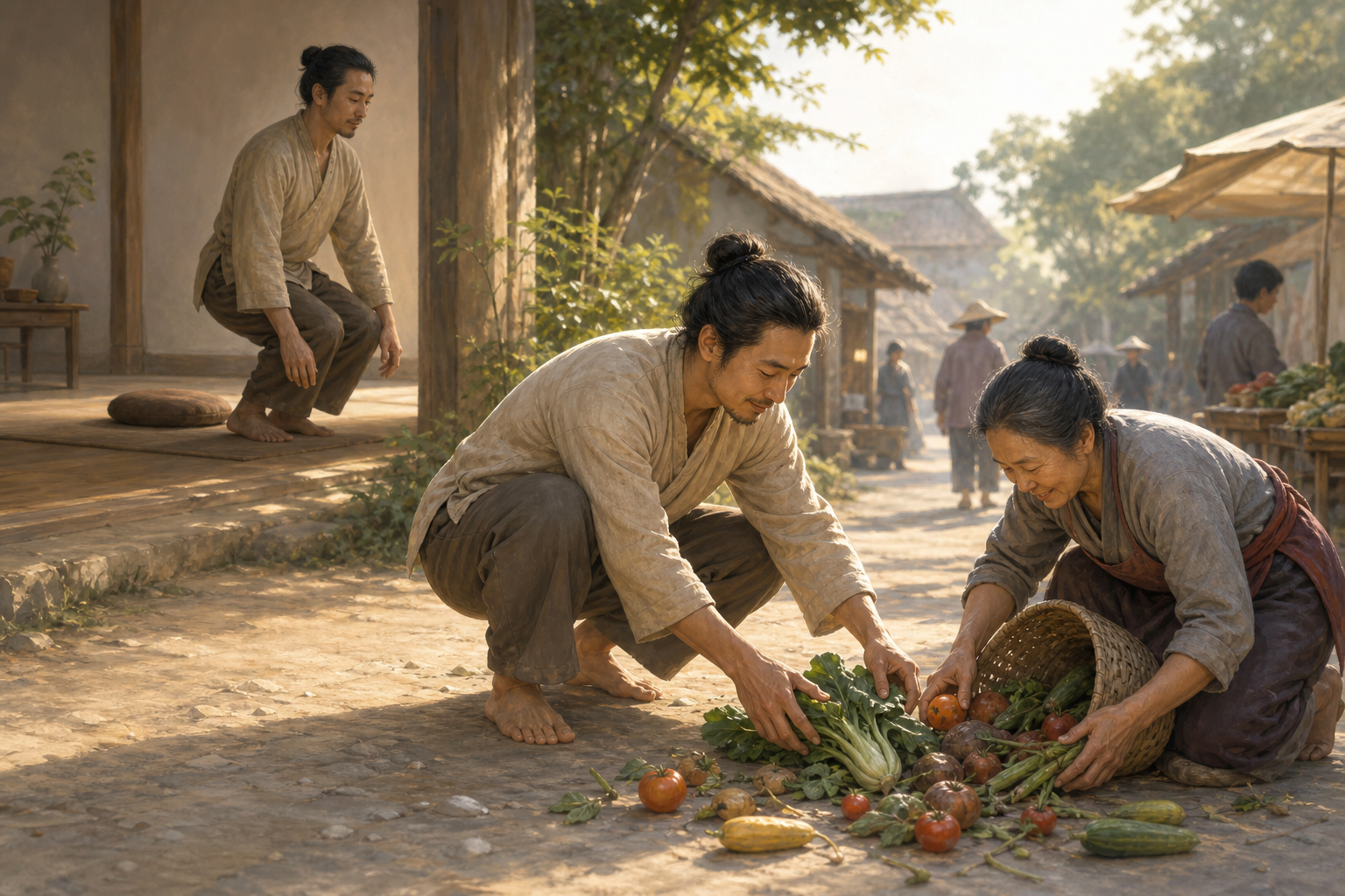 A person leaves a meditation cushion and calmly helps someone gather spilled vegetables on a sunlit path.