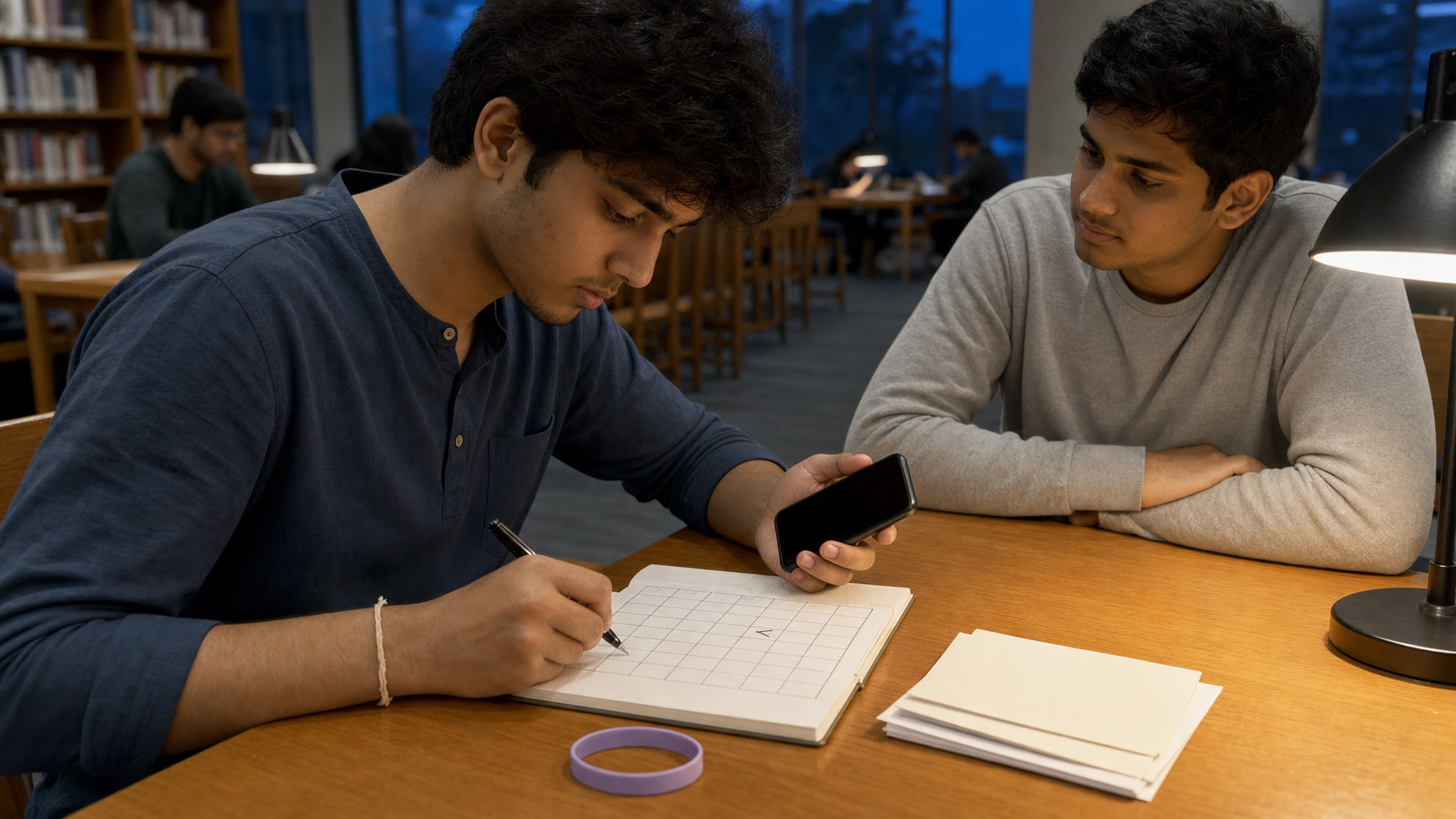 A student organizes notes and phone records at a library table while a classmate sits nearby as a witness.