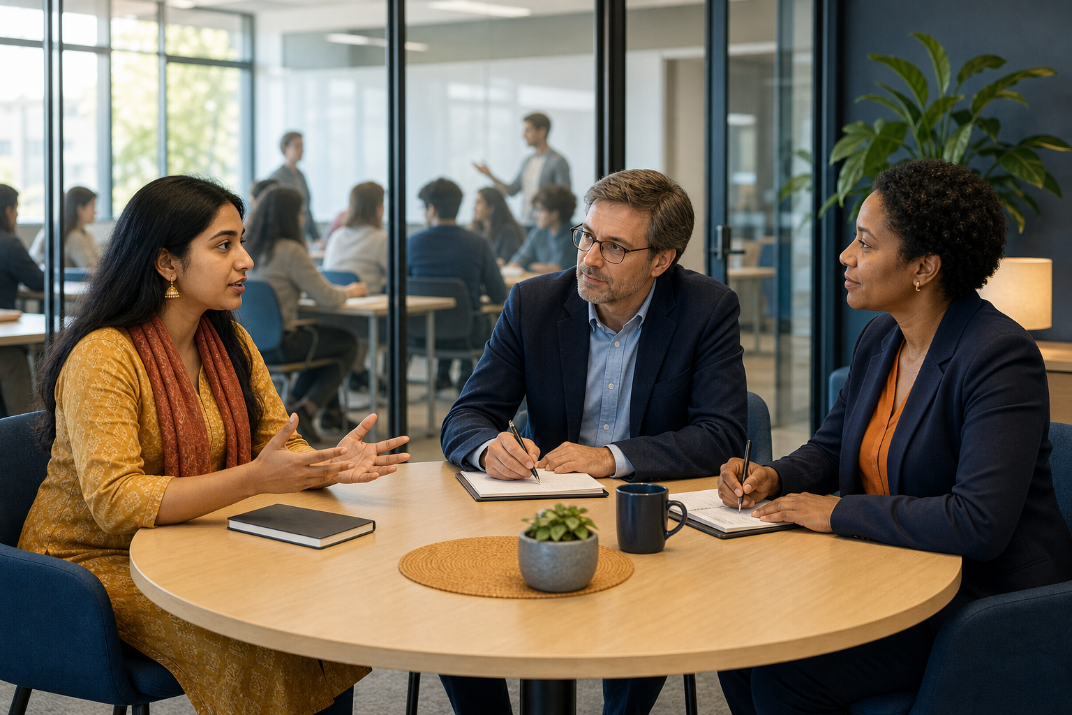 A Hindu student speaks with a professor and campus administrator in a meeting room while a seminar continues in an adjacent classroom.