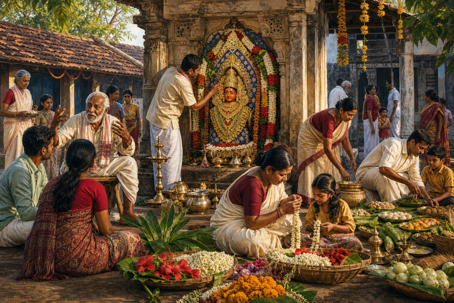 An artisan, storyteller, families and shrine helpers prepare a regional goddess shrine with seasonal flowers, local offerings and ritual objects.