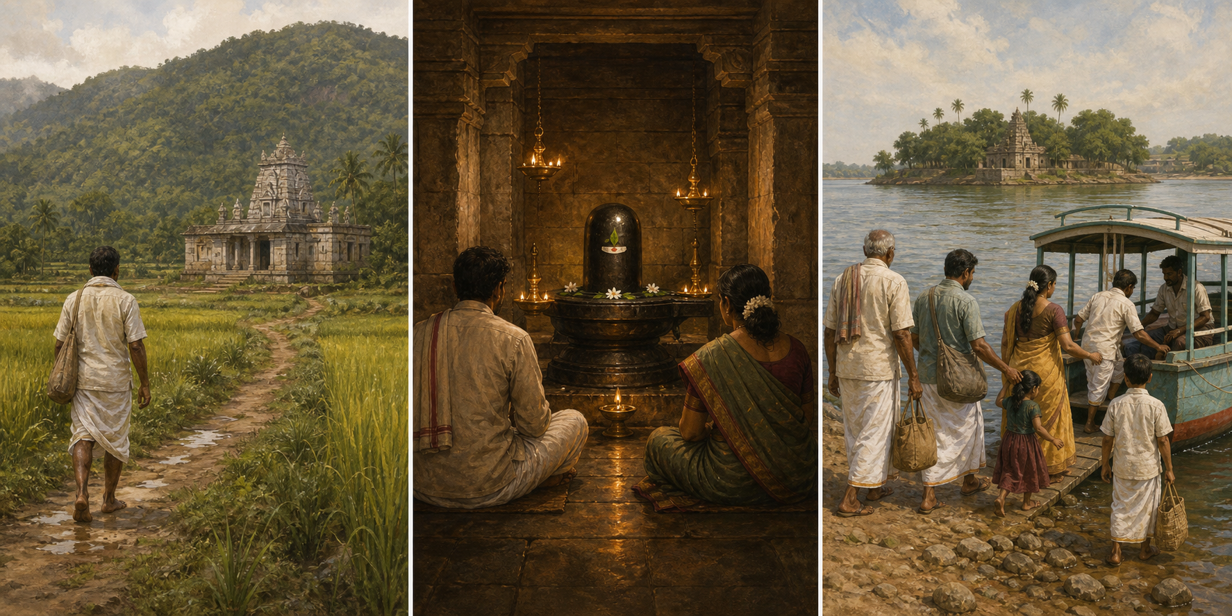 Three scenes show a lone walk to a rural hill temple, focused worship before a Shiva Lingam, and a family boarding a boat for an island shrine.