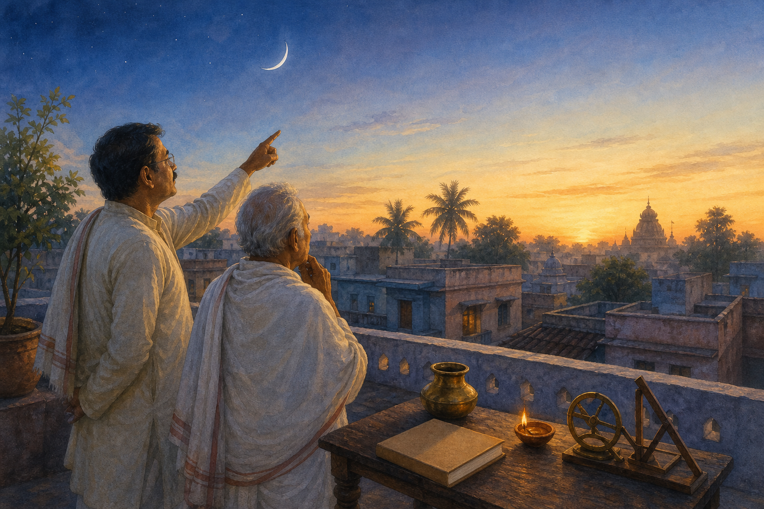 Two family members observe the waxing moon from a rooftop before dawn beside a closed almanac, a brass vessel, and an oil lamp.