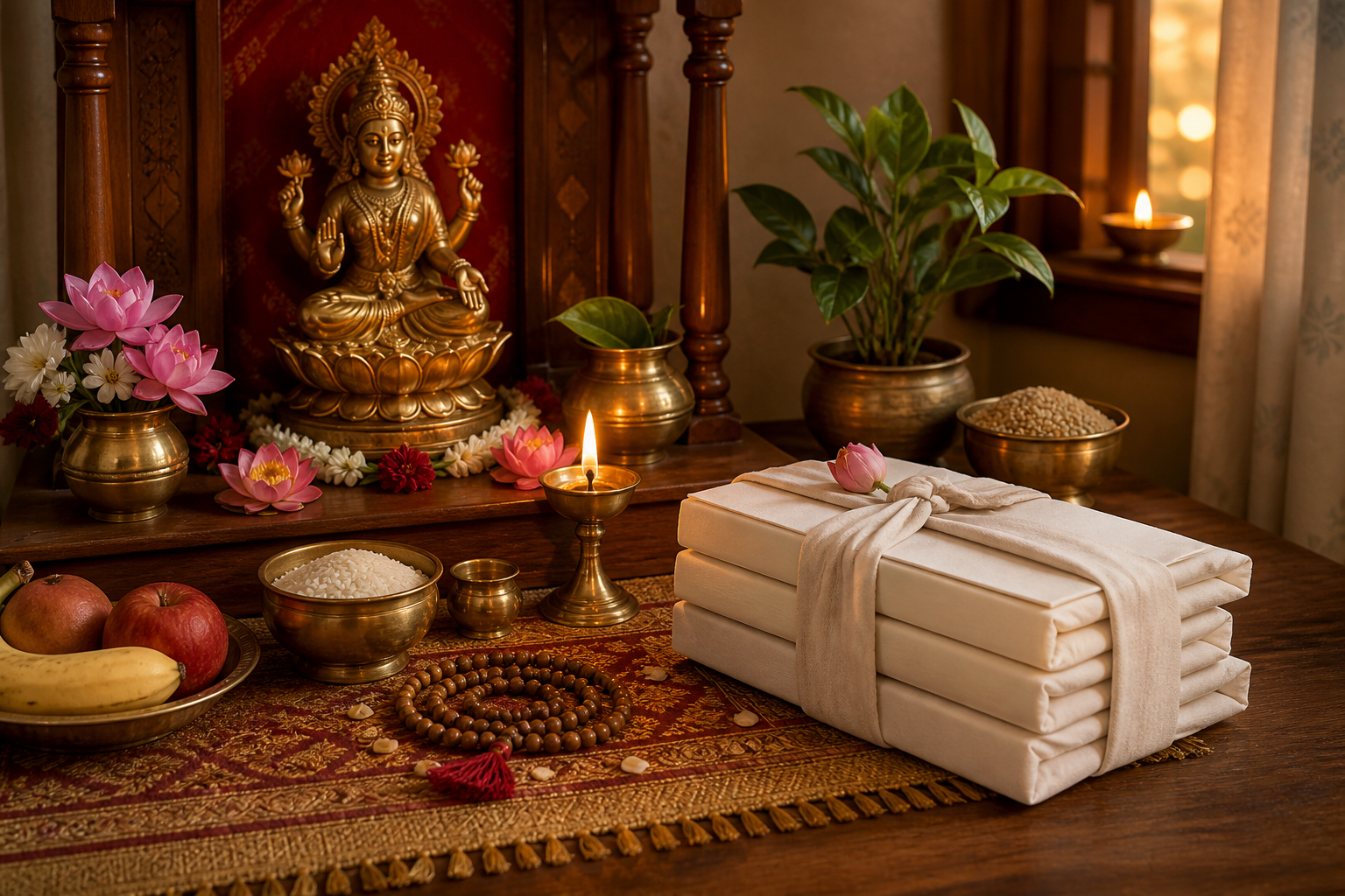 A household Lakshmi altar with a brass murti, lotus flowers, oil lamp, prayer beads, fruit, grain, and blank-covered sacred books prepared for donation.