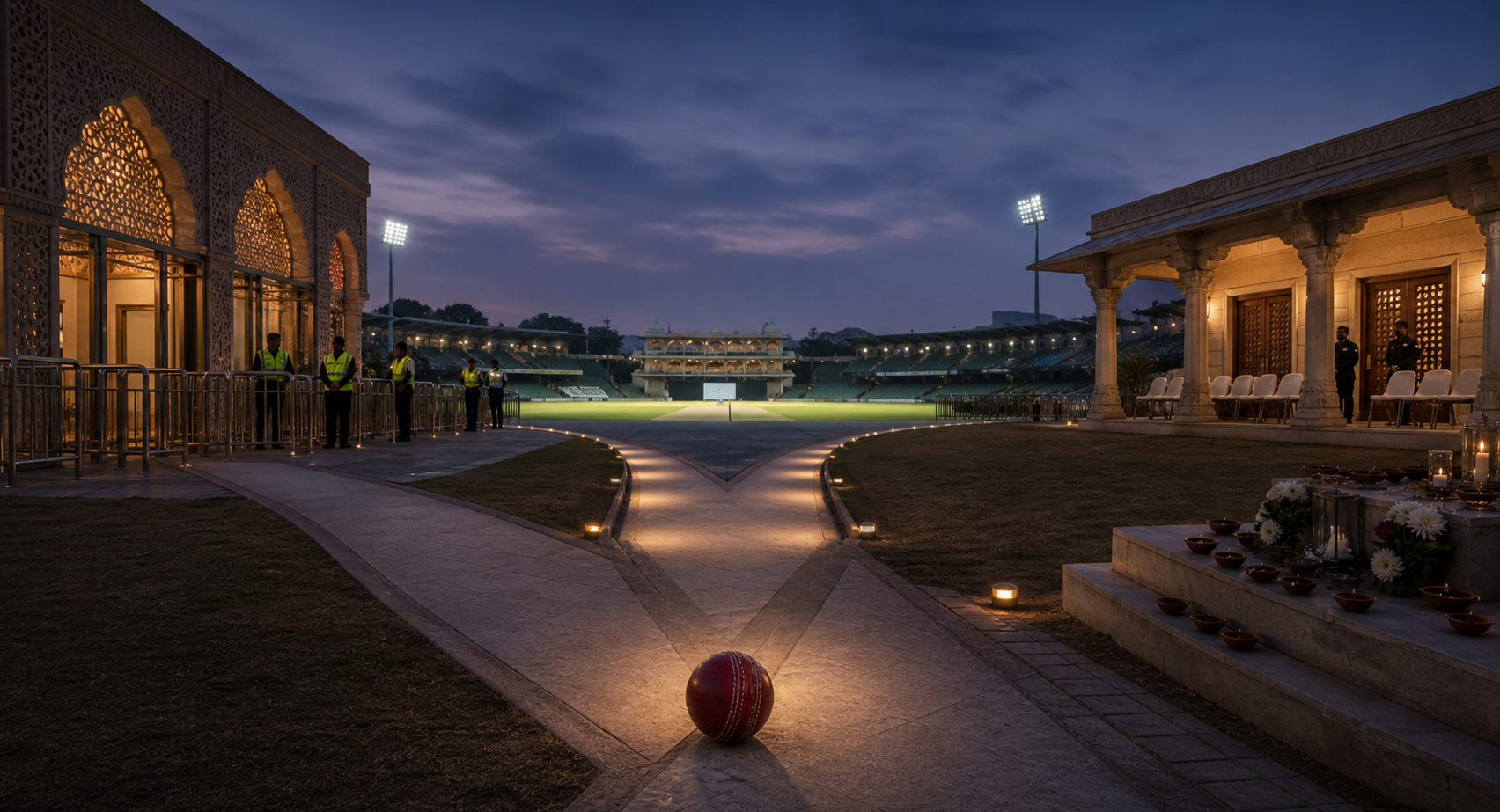 A cricket ball sits where three paths lead separately to a screened stadium gate, an official reception area, and a memorial with flowers and lamps.