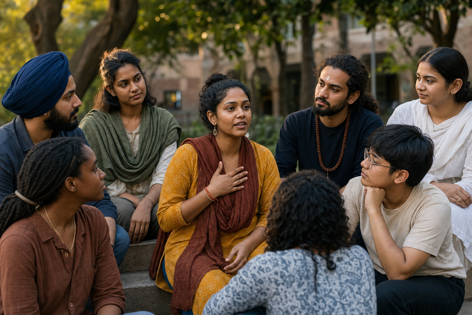 A diverse group of dharmic and interfaith students listens as a Hindu student speaks in a university courtyard.