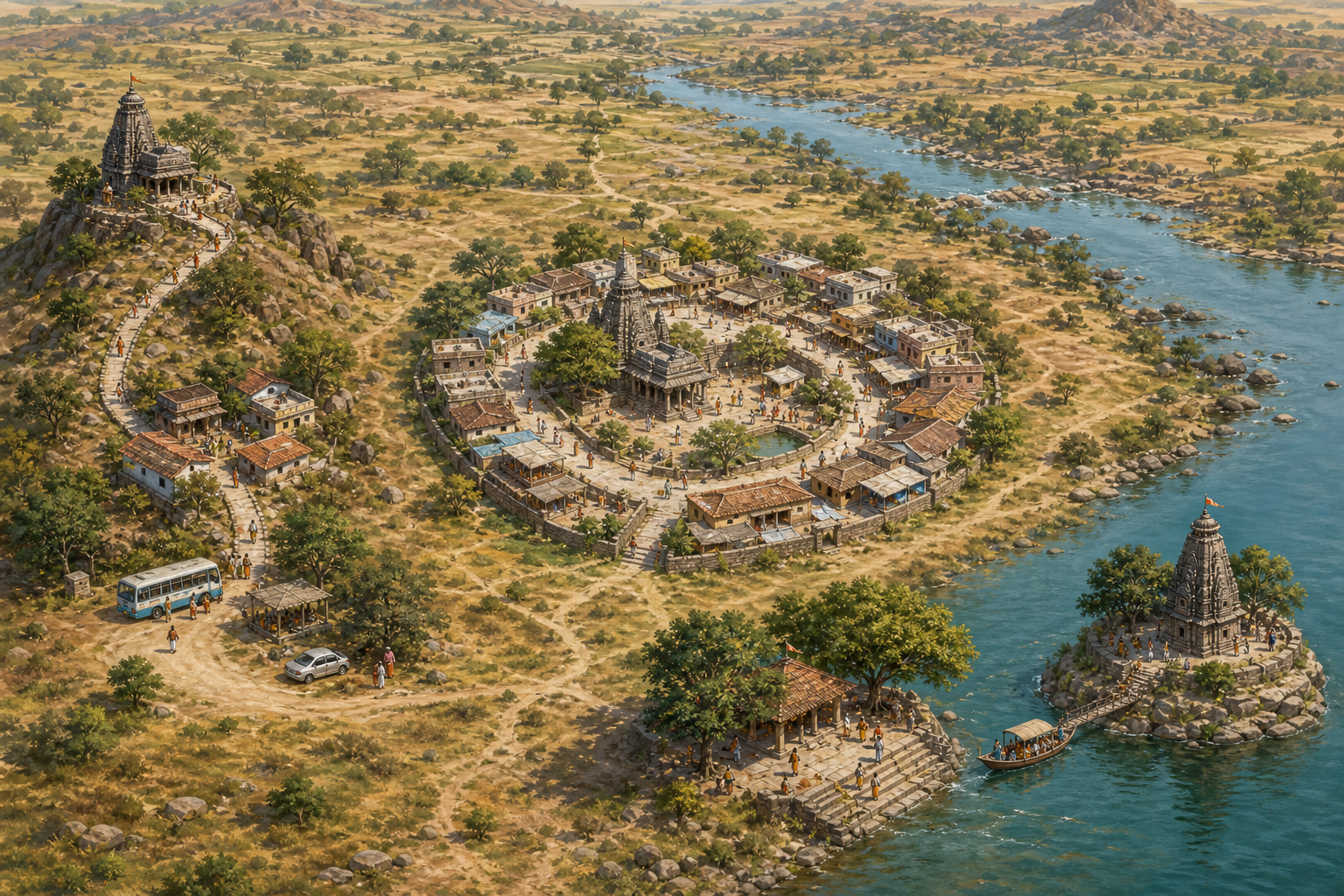 An elevated illustration shows three separate pilgrimage modules: a hill village temple, a compact temple-town circuit, and a boat route to an island shrine.