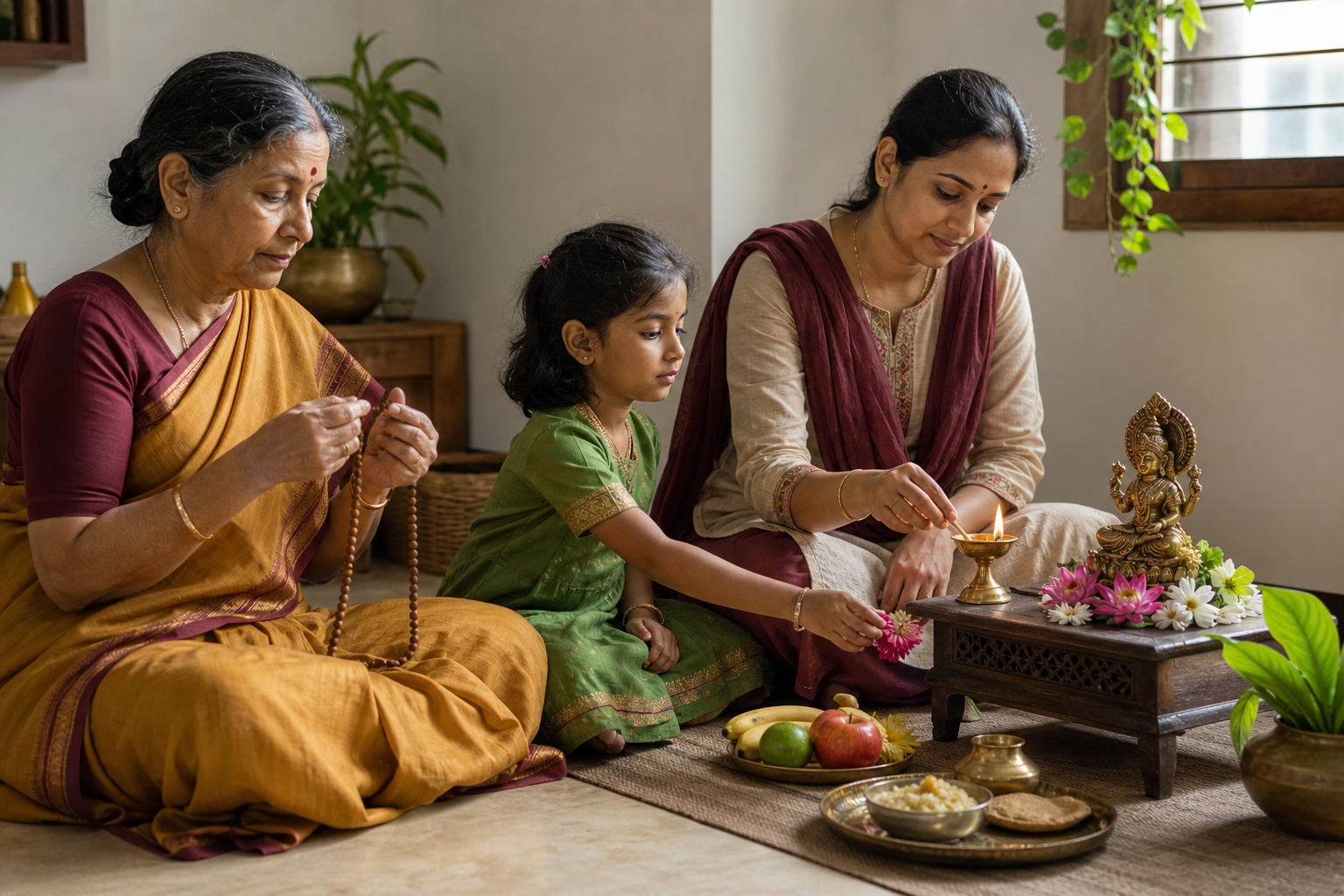 Three family members perform a simple Lakshmi vrata at home with prayer beads, flowers, fruit, water, and a small oil lamp.