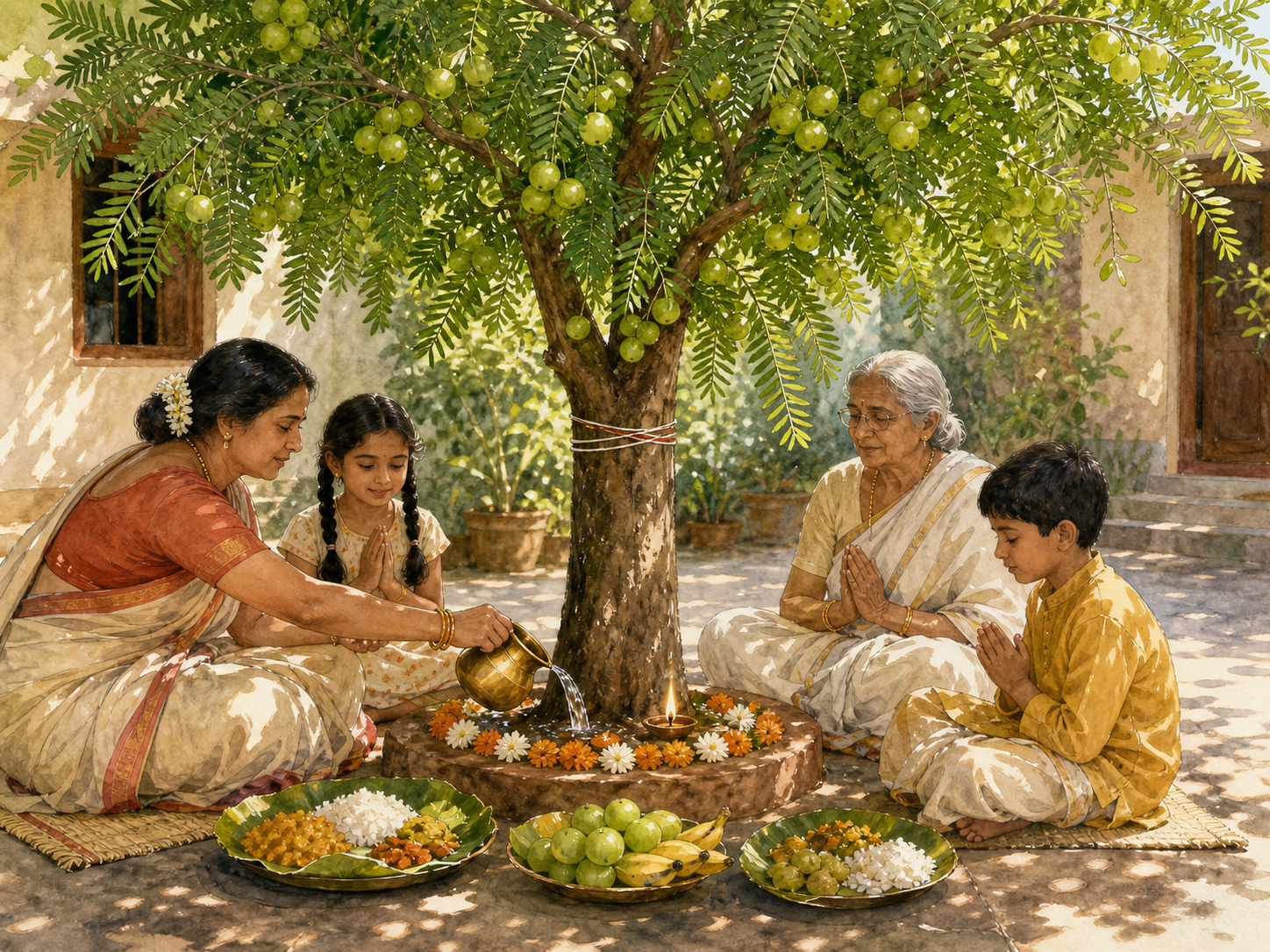 A family performs a simple home vrata beneath a fruiting amla tree with water, flowers, a lamp, fruit, and a vegetarian meal.