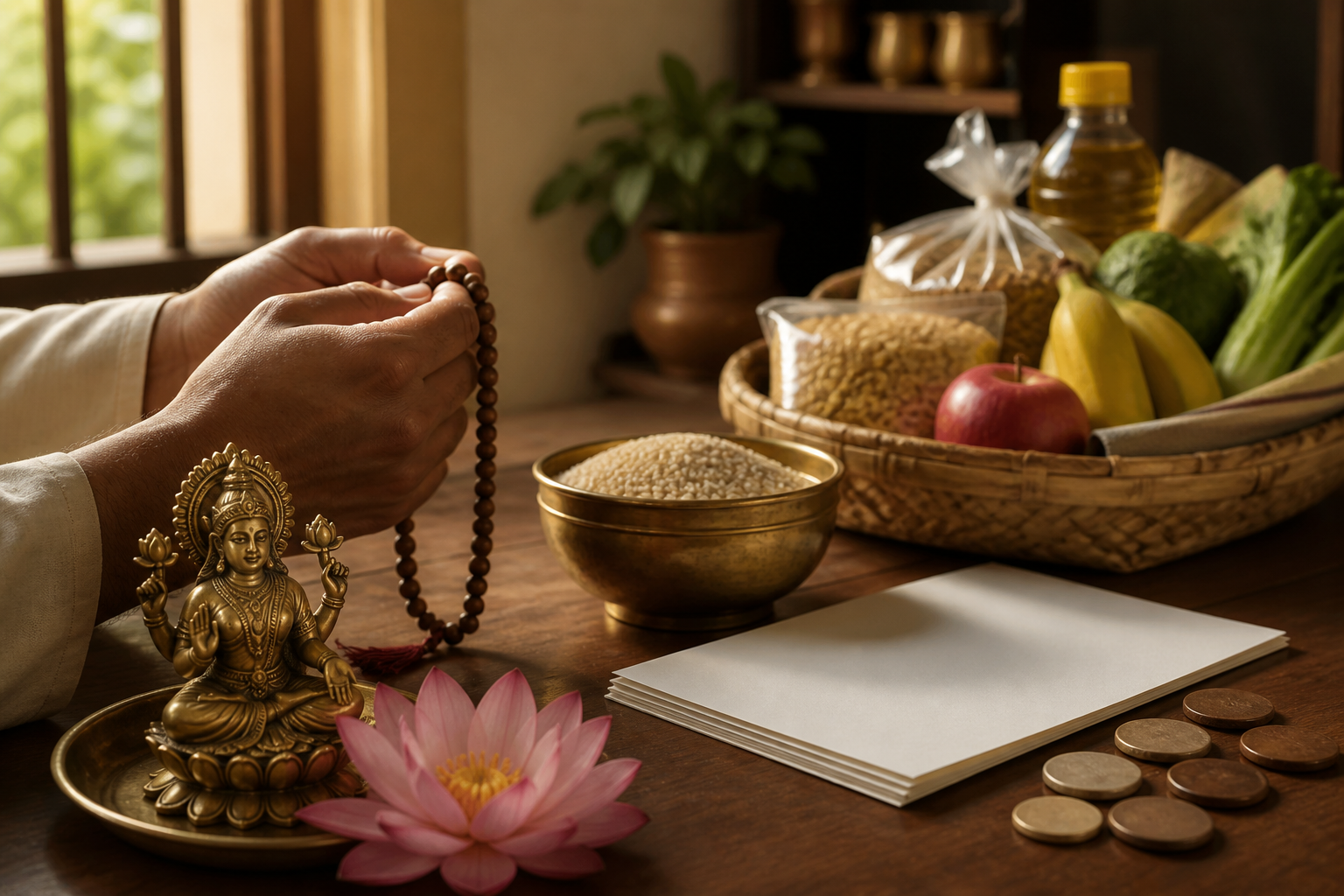 Hands count prayer beads beside a Lakshmi murti, with grain, blank household papers, counting tokens, and a food basket arranged in the background.