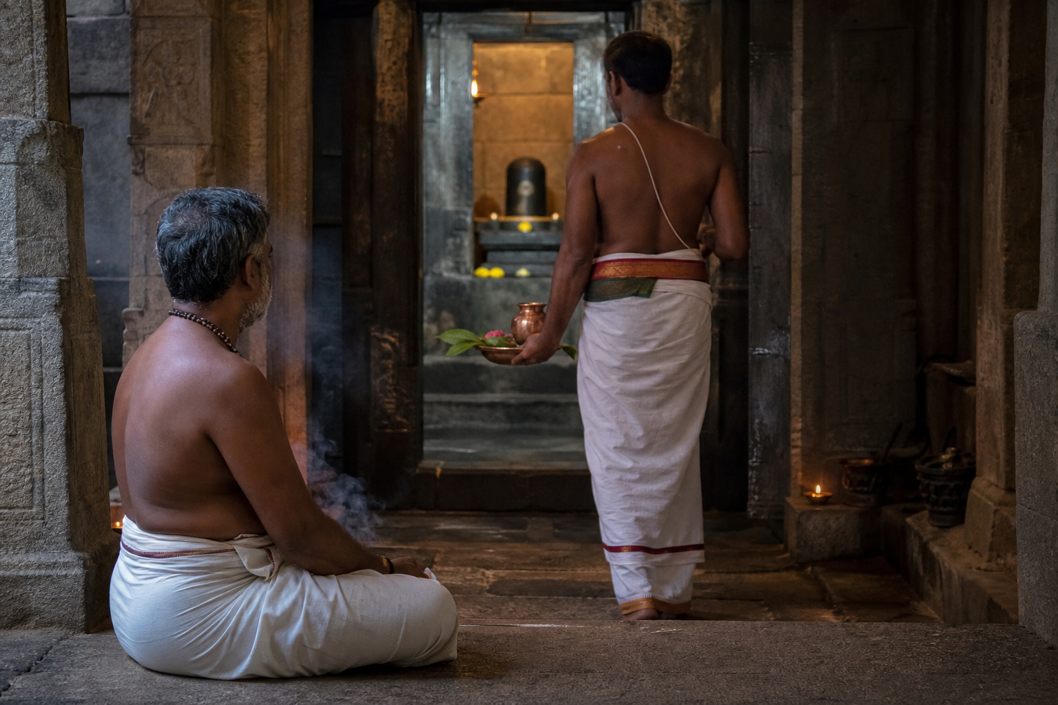 Pilgrims prepare quietly in a stone temple hall with bilva leaves, flowers and a copper vessel before approaching a Shiva Lingam.