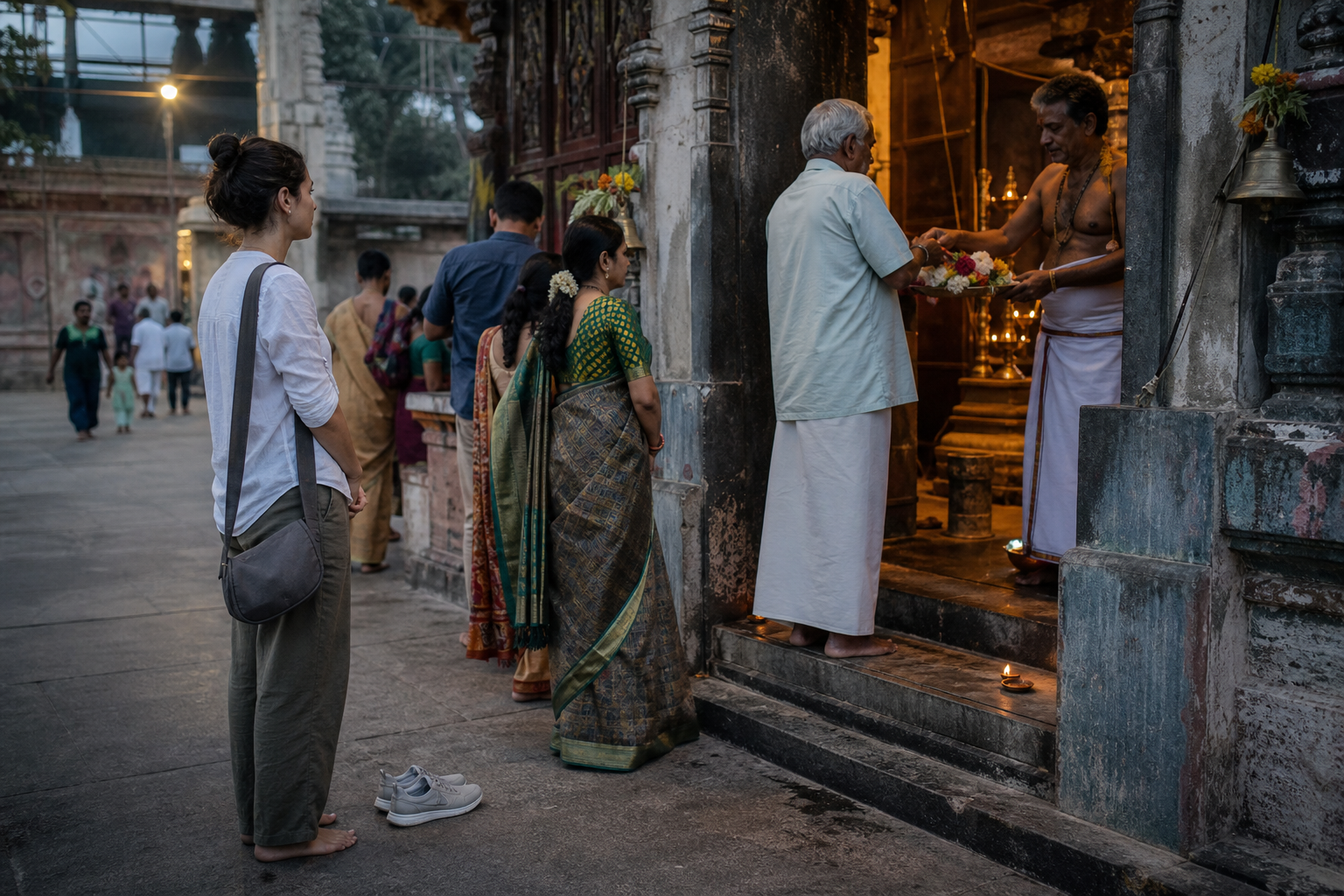 A barefoot visitor waits behind local devotees at a goddess shrine, with a camera put away while an elder demonstrates how to offer flowers.