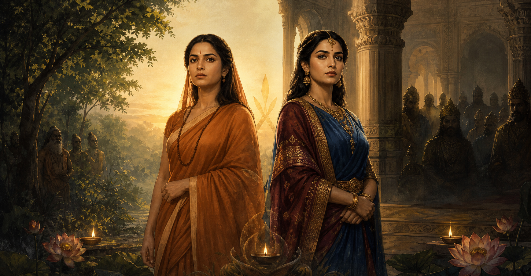 Two dignified royal women stand in warm light between a forest and a shadowed palace court, while distant figures remain in darkness behind them.