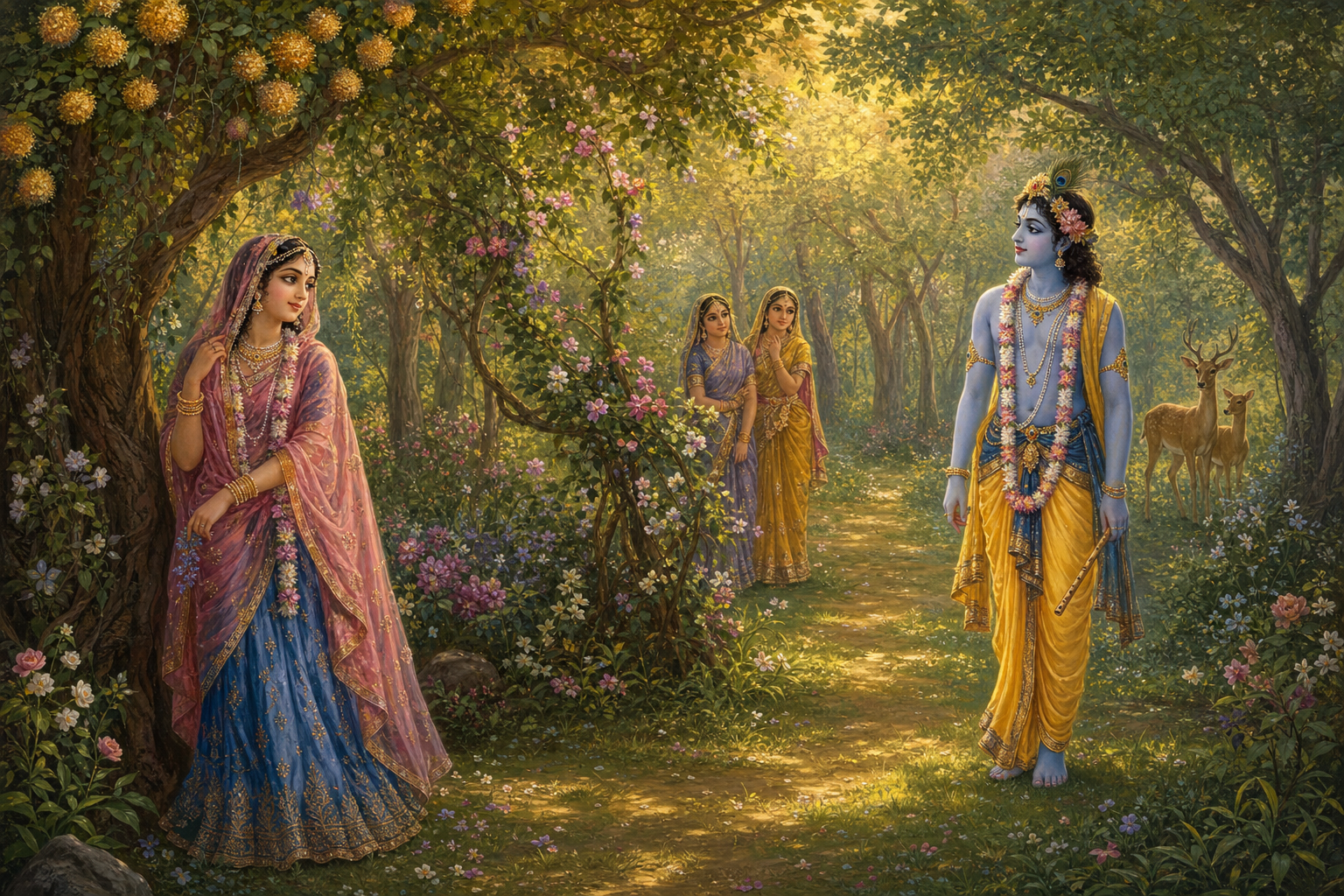 Radha and Krishna exchange a gaze across a flowering Vrindavan grove while two companions stand in the distance.
