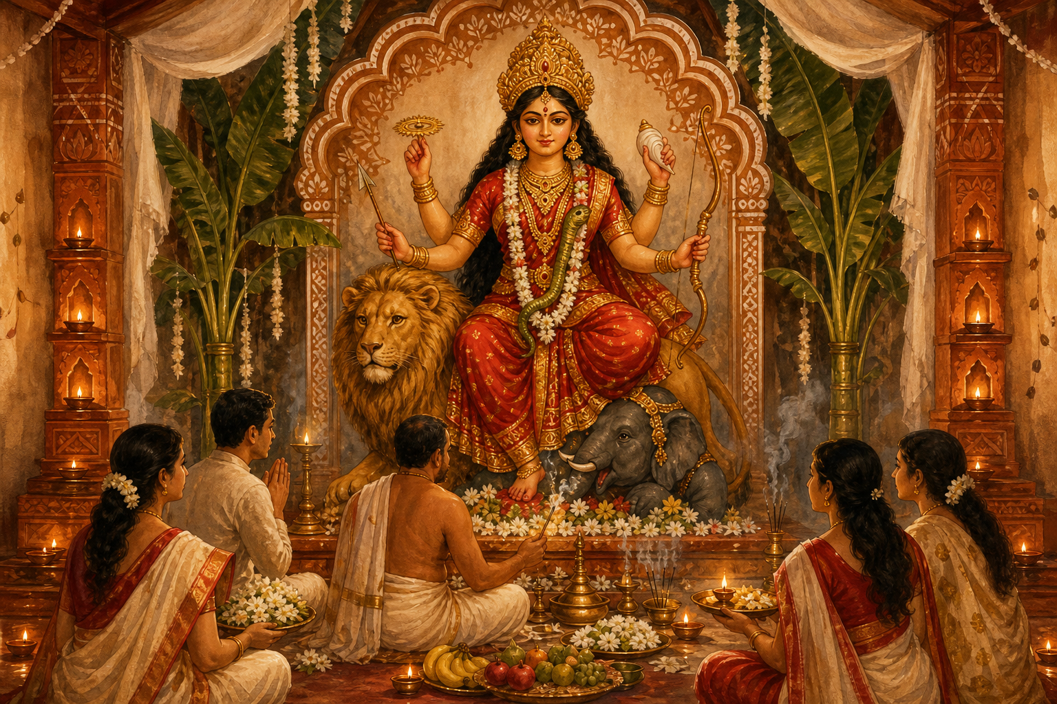 A small Bengali community worships a four-armed image of Jagadhatri seated on a lion in a modest lamp-lit pavilion.