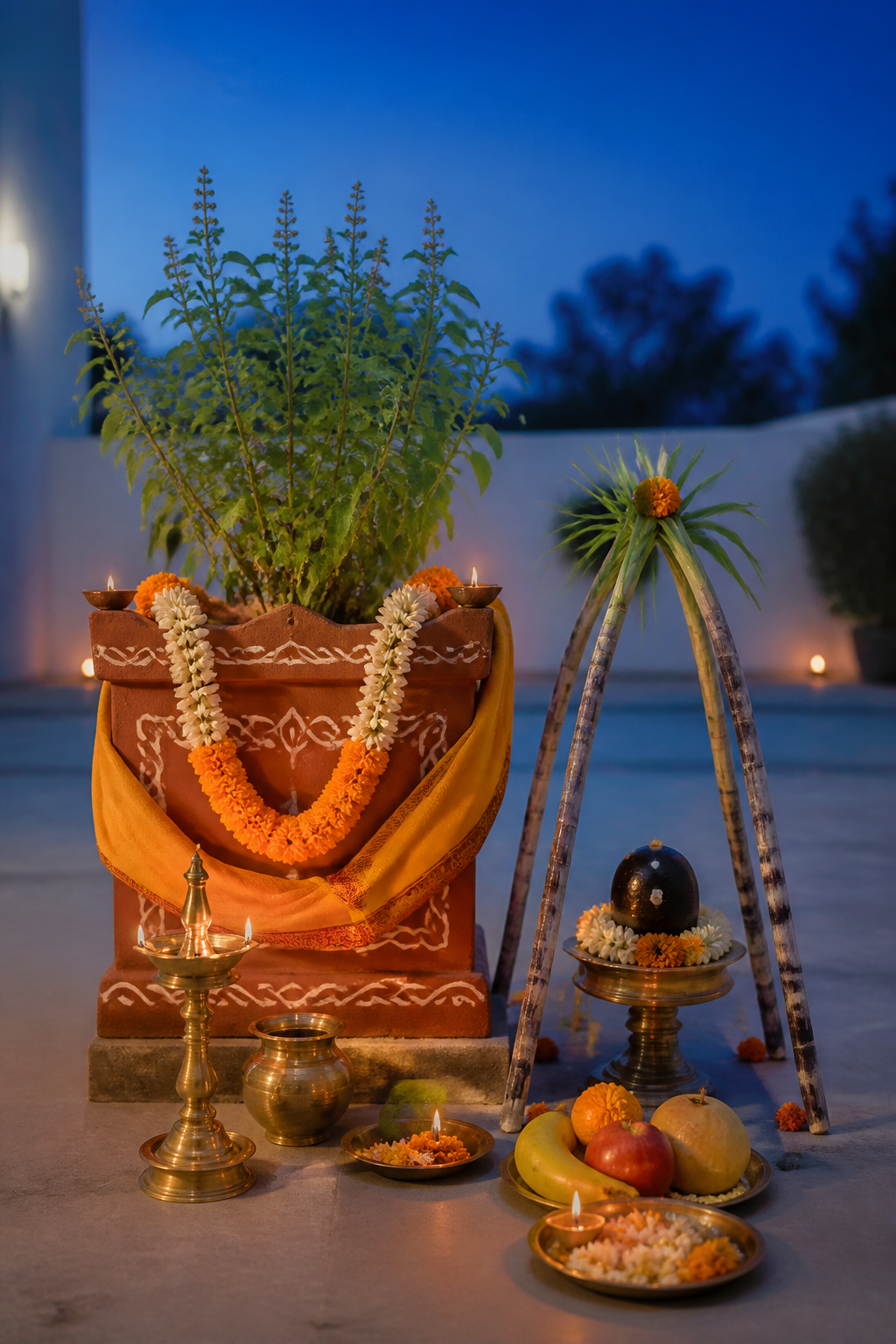 A decorated holy basil plant and a Shaligrama stone arranged with lamps, flowers, fruit, and brass puja vessels in a home courtyard at twilight.