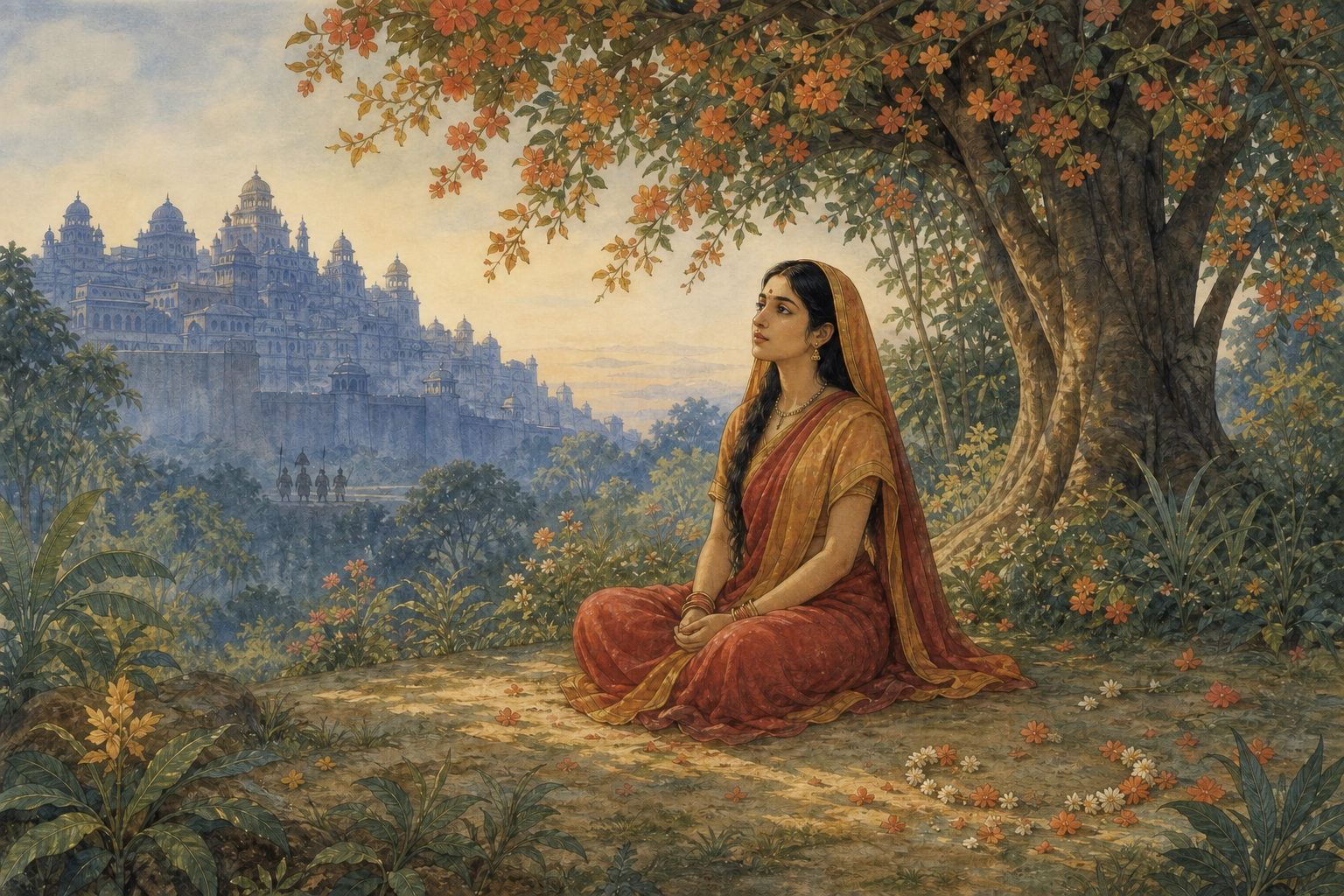 Sita sits upright beneath a flowering ashoka tree in a sunlit grove, with distant palace walls and shadowed guards behind her.