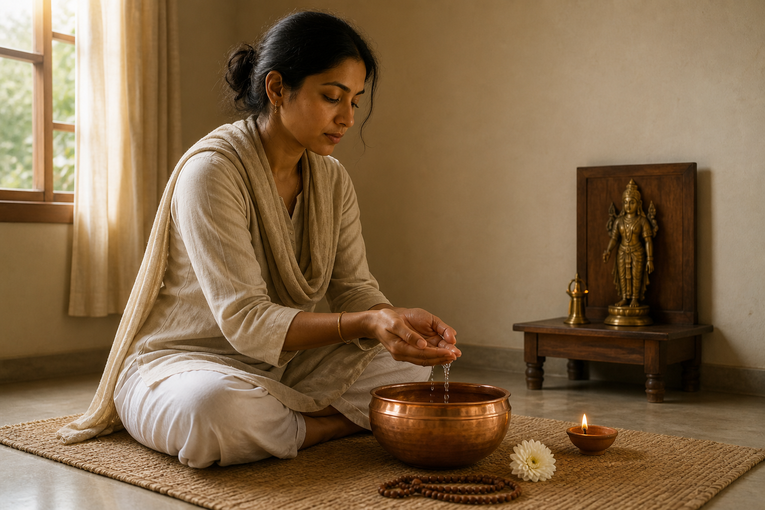 A seated practitioner holds water over a copper bowl beside a simple home shrine with one lamp, prayer beads, and a flower.