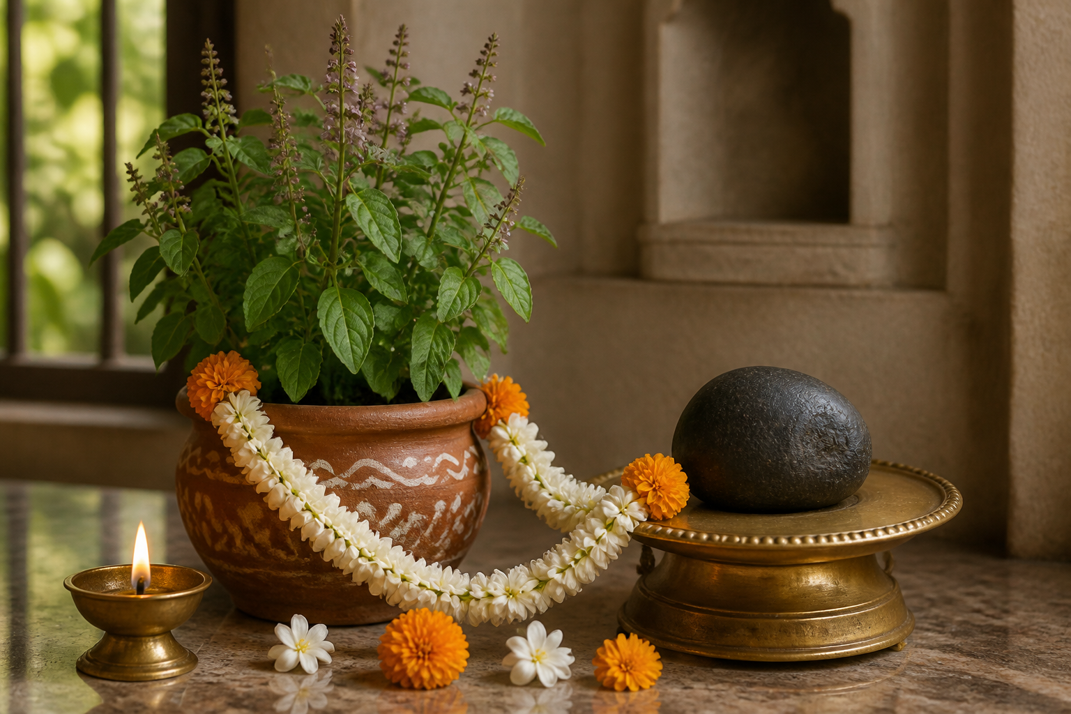 A Tulasi plant and a Shaligrama stone are joined by a flower garland beside a lit brass oil lamp.