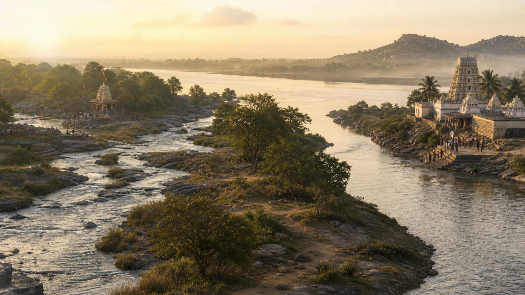 A panoramic view contrasts the branching Manjeera River channels near a Shakti shrine with the Krishna and Musi river confluence near a South Indian temple.