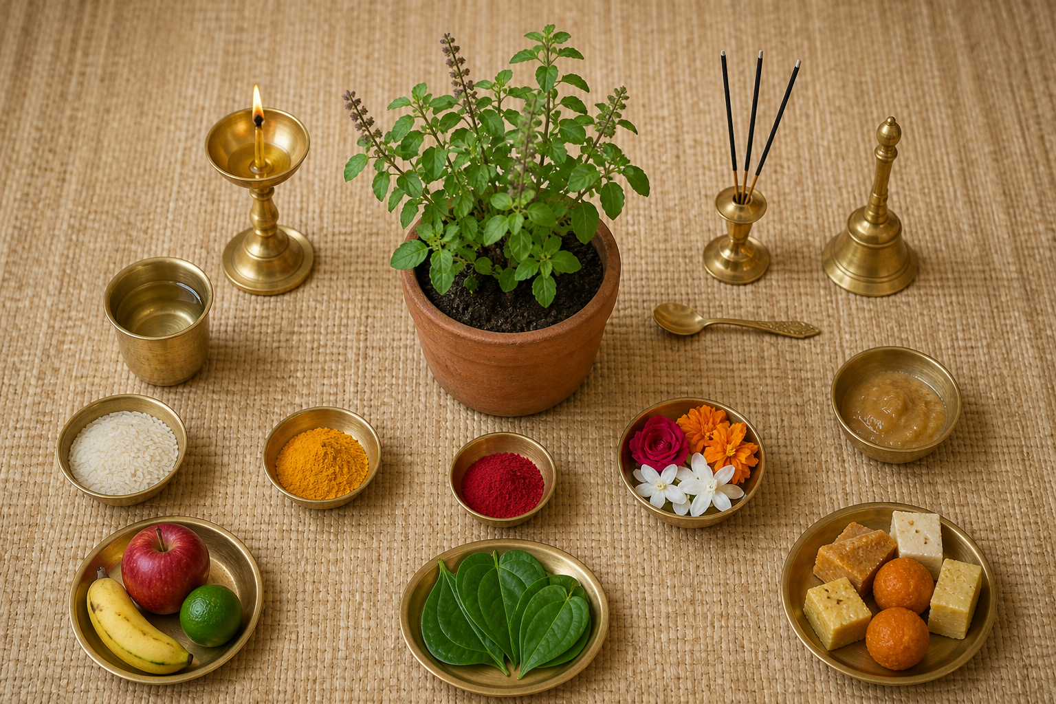 A simple Tulasi puja altar viewed from above with a basil plant, lamp, bell, water, flowers, fruit, rice, powders, leaves, and sweets.