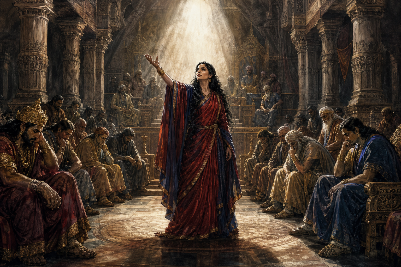 Draupadi stands fully clothed with one hand raised in a shadowed royal assembly as seated courtiers avert their eyes.