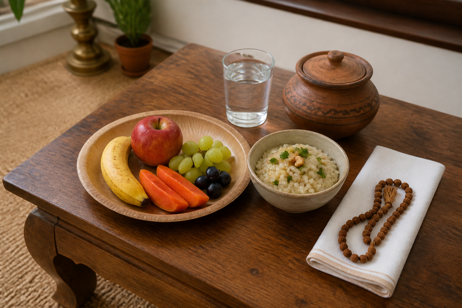 A modest fasting meal of fruit and simple food is arranged with water, an earthen pot, a cotton napkin, and prayer beads.
