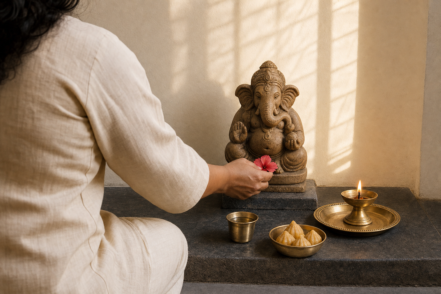 A devotee places one flower before a small Ganesha murti during a simple morning puja with a lamp, water, and modakas.