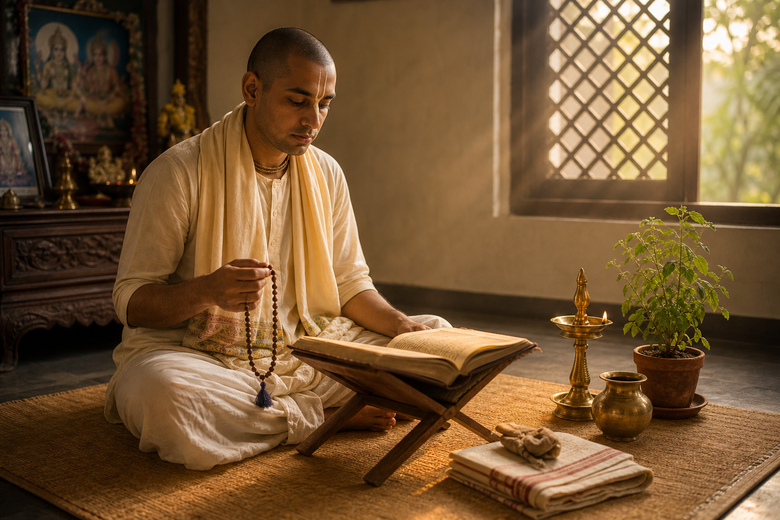 A Vaishnava practitioner sits at dawn with an open sacred book, prayer beads, an oil lamp and a tulasi plant in a home shrine room.