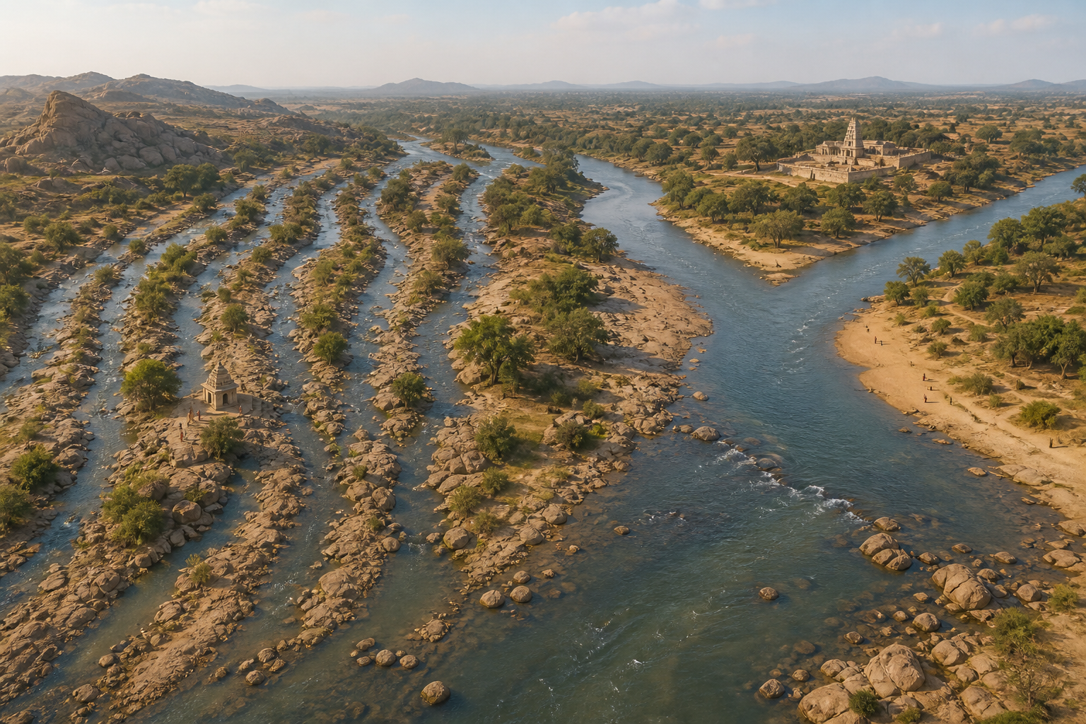 An elevated landscape shows seven branching river channels beside a shrine and two rivers merging near a temple.