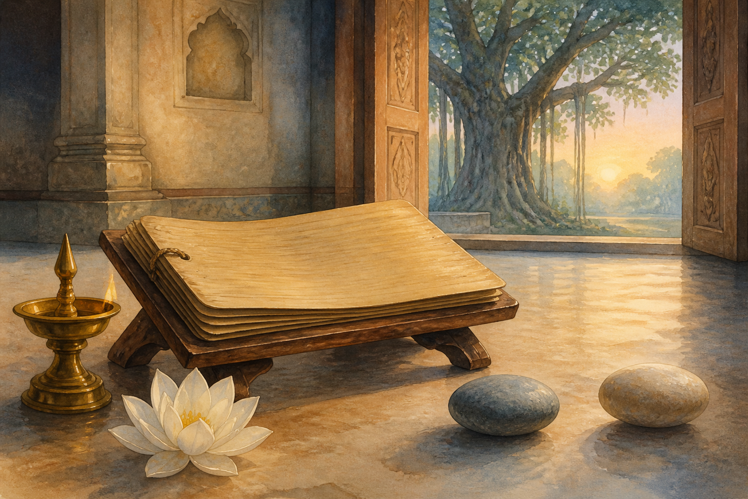 An open blank palm-leaf manuscript rests beside an oil lamp and white lotus, with a banyan tree visible through a sunlit doorway.