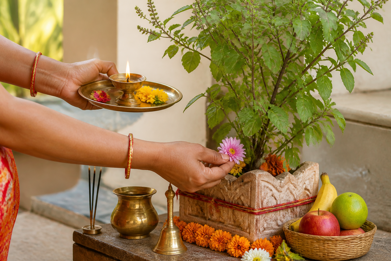 A worshipper offers a flower to a potted Tulasi plant while holding a brass plate with a lit oil lamp.