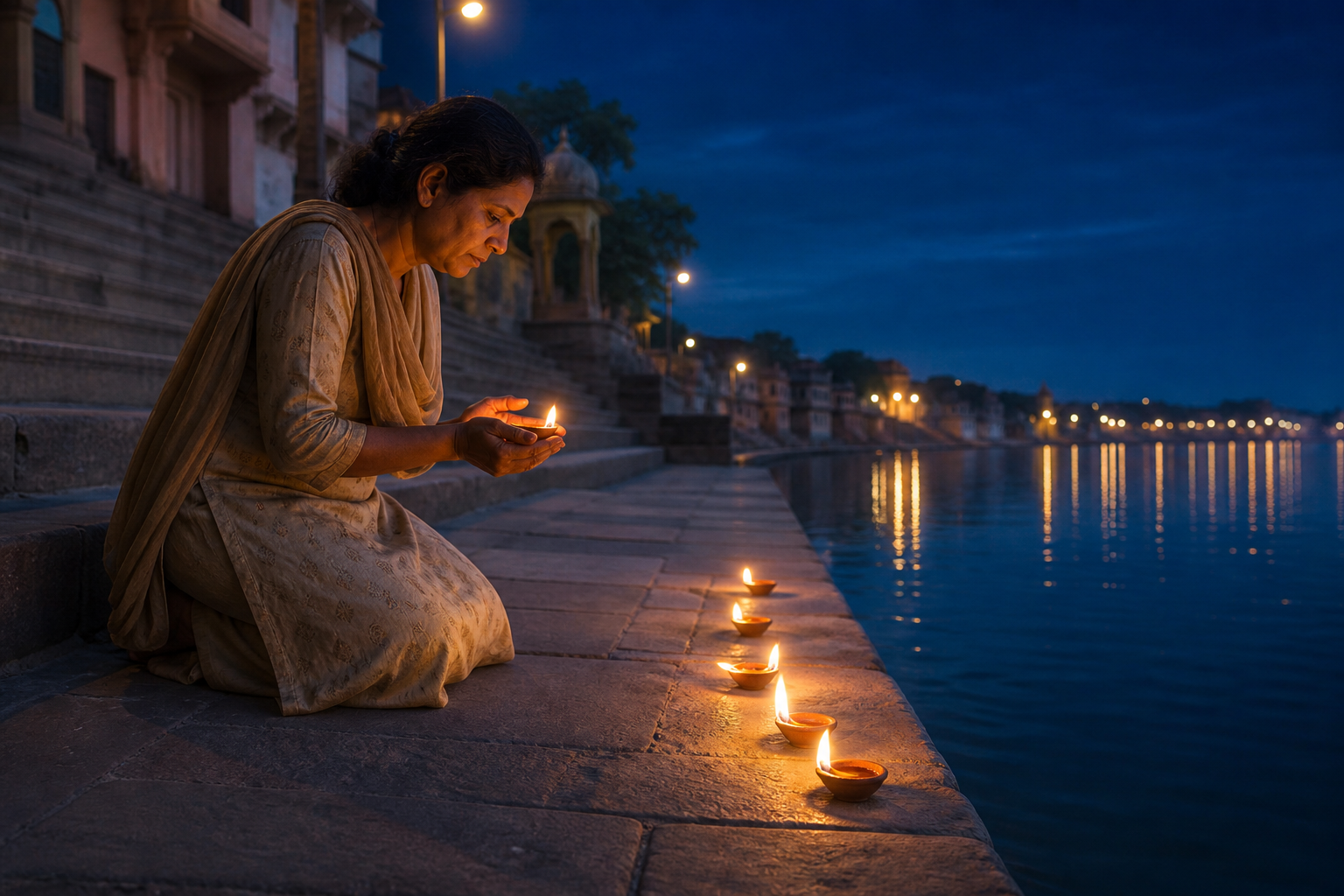 A devotee shields a clay lamp on clean stone steps beside a calm river, with a small row of lamps glowing nearby.