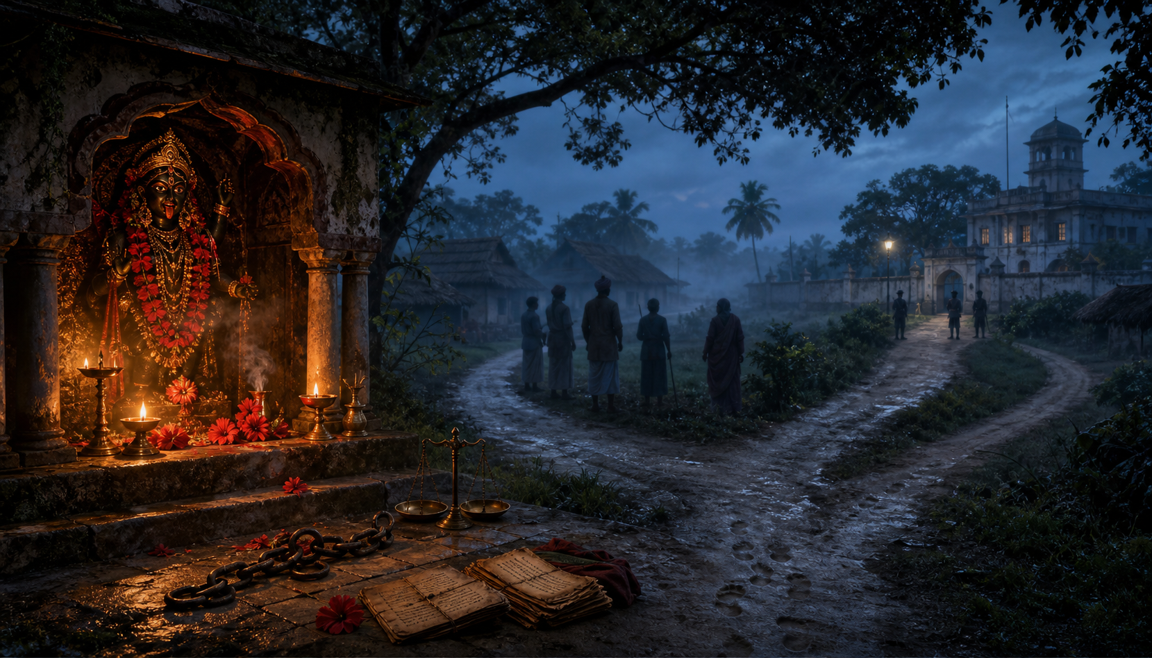 An oil-lamp-lit Kali shrine stands beside a forked forest path leading toward a Bengali village and a distant colonial-era outpost, with brass scales, a broken chain, manuscripts, and fading footprints in the foreground.