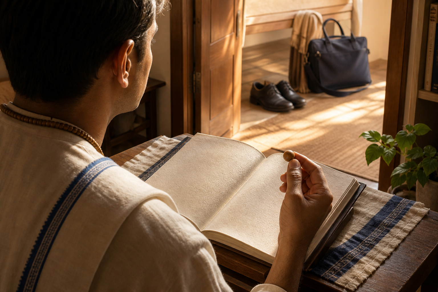 A reader pauses over an open sacred book with a prayer bead in hand while morning light leads toward a doorway and everyday belongings.