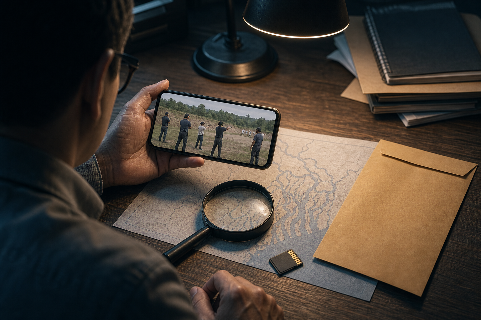 A fact-checker examines an unidentified firearms-training video on a smartphone beside evidence tools and an unlabeled river-delta map.