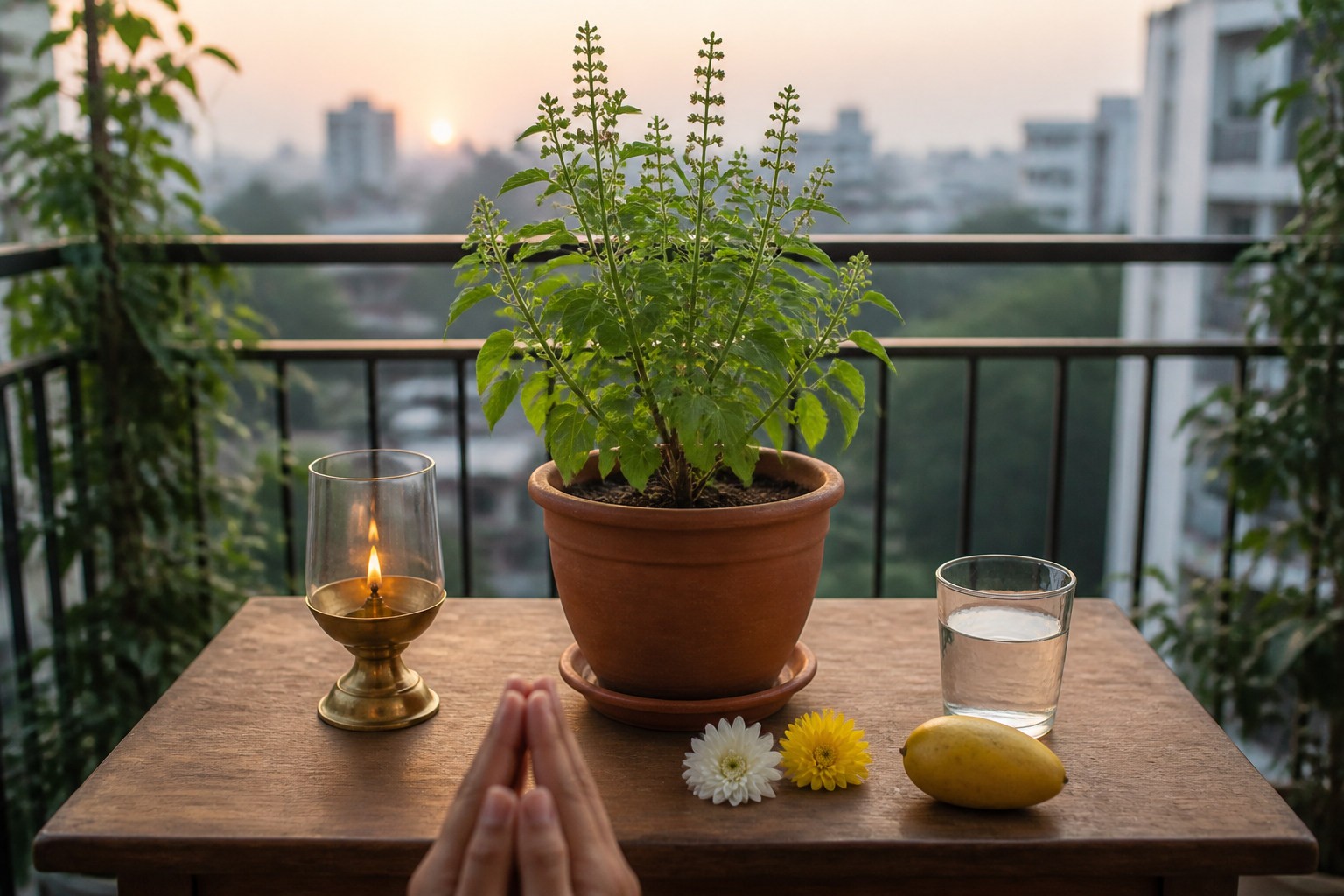 A simple Tulasi altar on an apartment balcony with a clay pot, lamp, water, flowers, fruit, and folded hands.