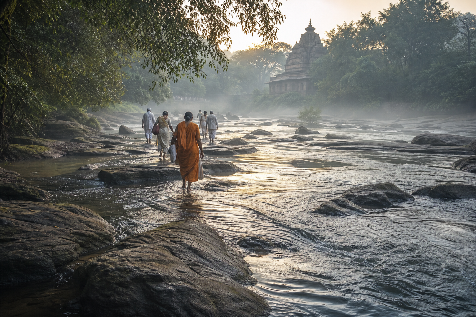 Pilgrims cross shallow flowing water and smooth rocks on a natural path toward a temple among riverside trees.