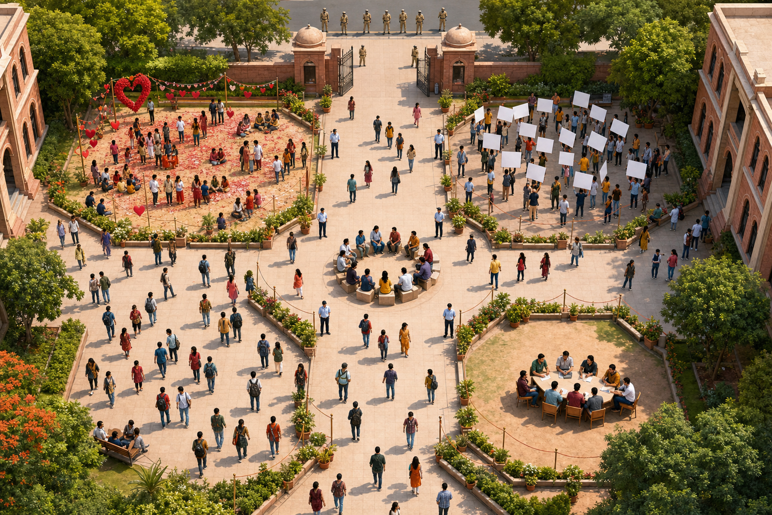 A university quadrangle separates a student celebration, a peaceful petition area, an open walkway, and an administrator help point while keeping the campus accessible.